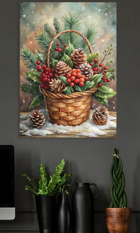 Christmas Basket with Pine Cones — metal poster wall art by Lineer